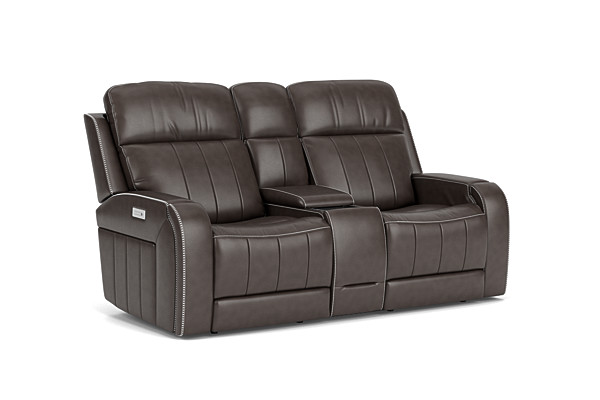 Maverick Steel Audio Triple Power Leather Reclining Console Loveseat