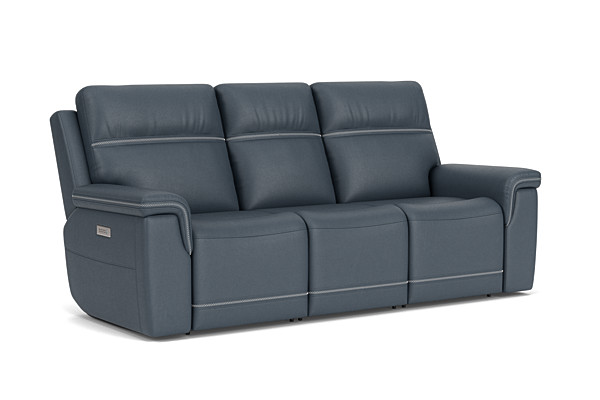Stephen Blue Leather Triple Power Reclining Sofa
