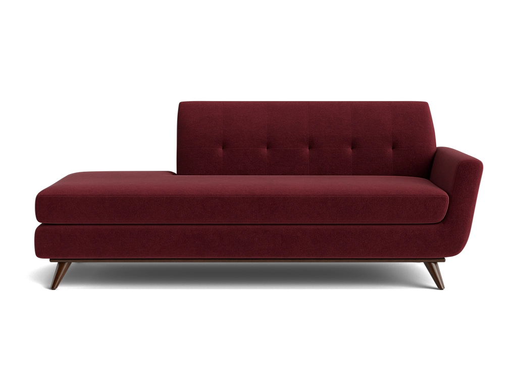 Maroon upholstered chaise lounge with tufting on a white background.