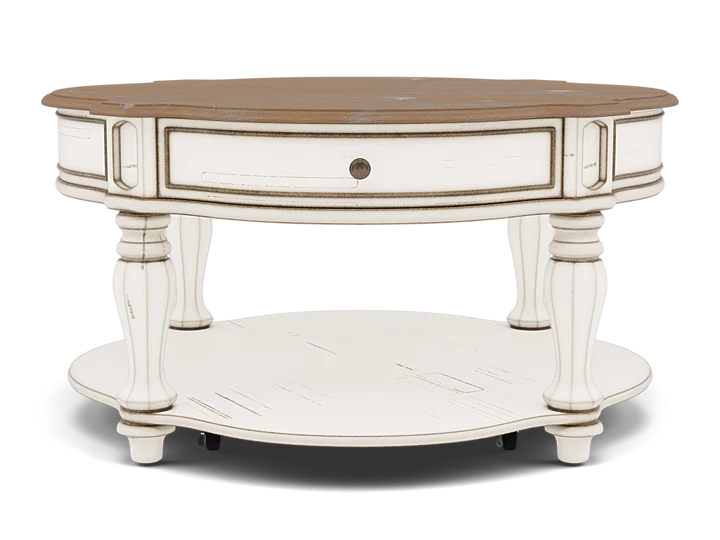 Magnolia Manor Round Cocktail Table In Classic Distressed White