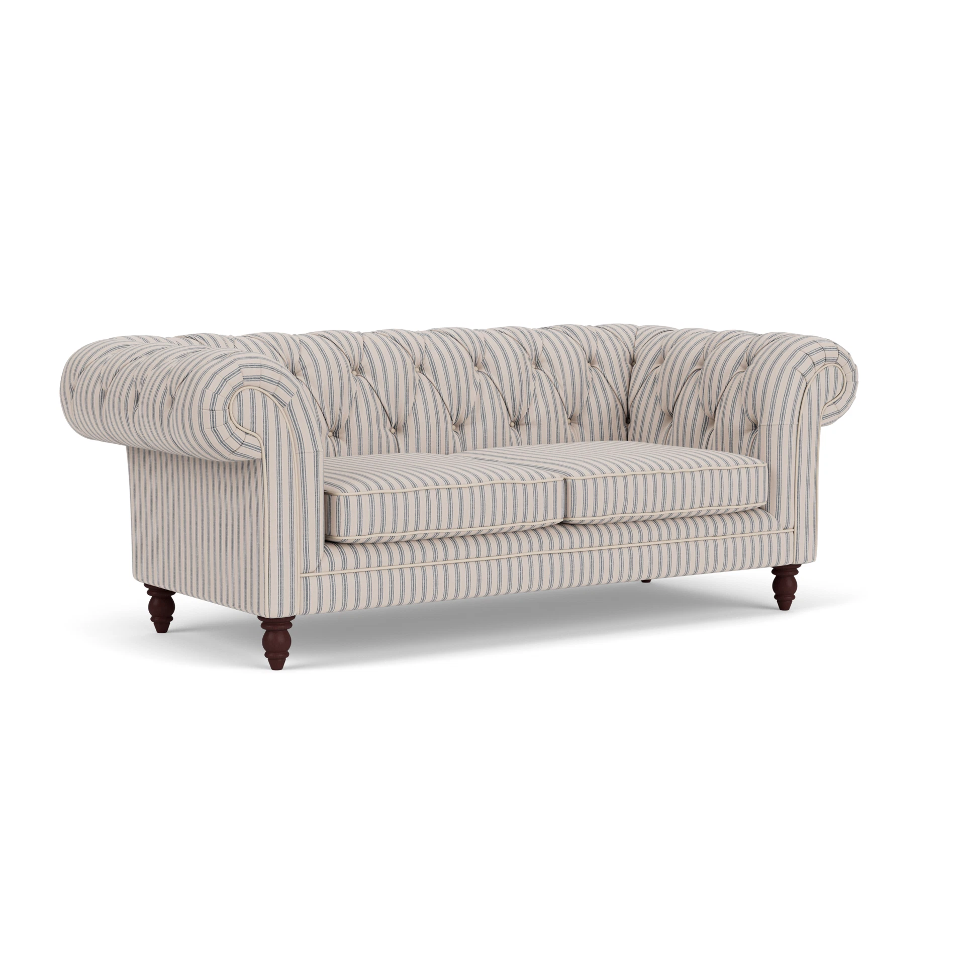 Harris Chesterfield Large 2 Seater Sofa in Kingham Stripe - Indigo with Light legs