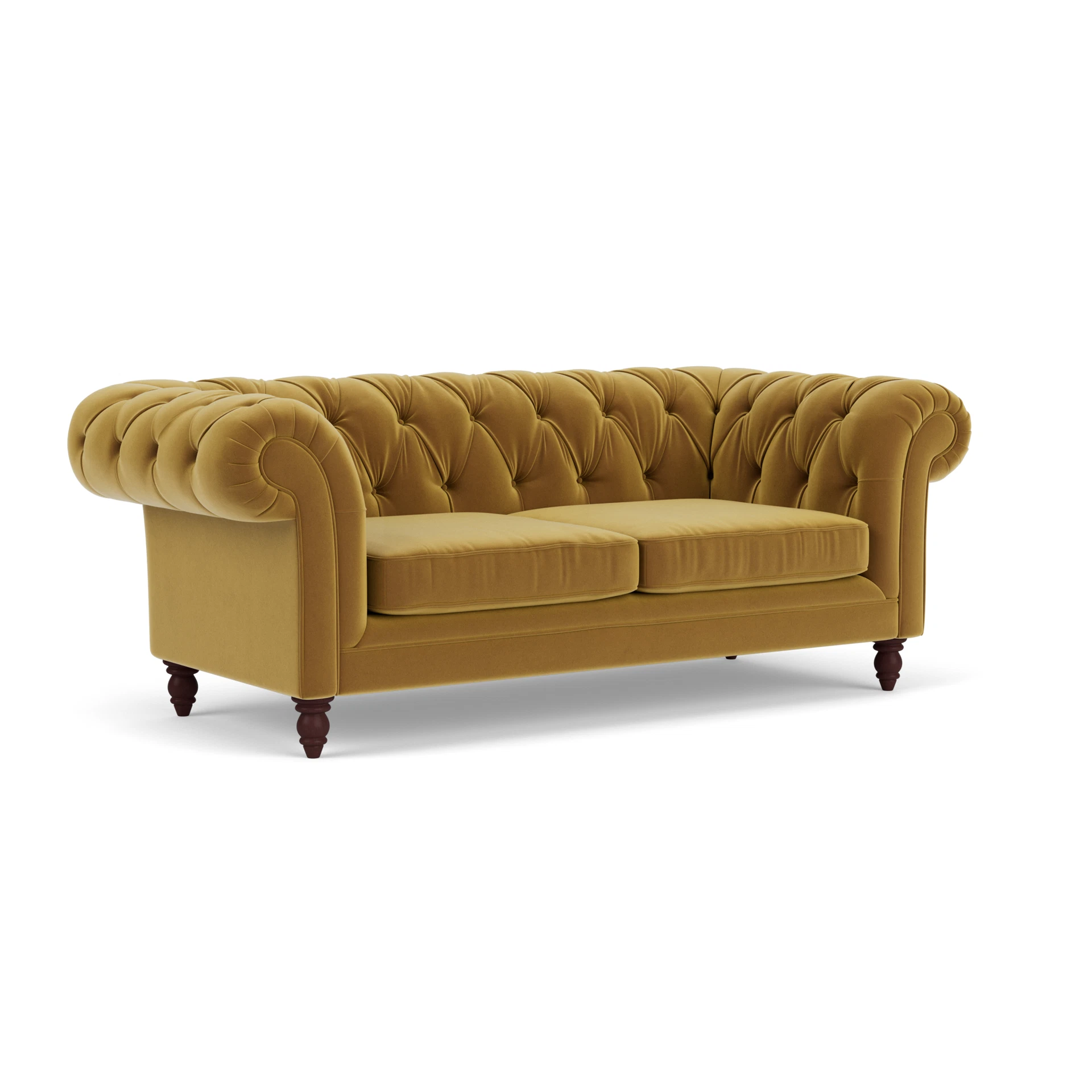 Harris Chesterfield Large 2 Seater Sofa in Matt Velvet - Mustard with Light legs